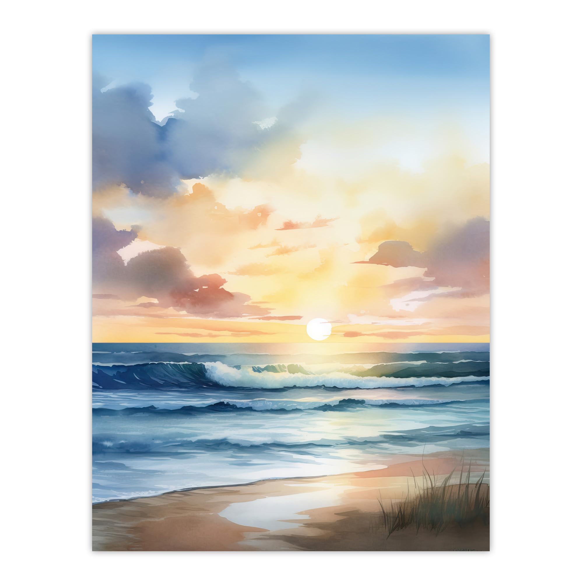 Artery8 Watercolour Waves Deserted Beach Seascape Large Wall Art Poster Print Thick Paper 18X24 Inch