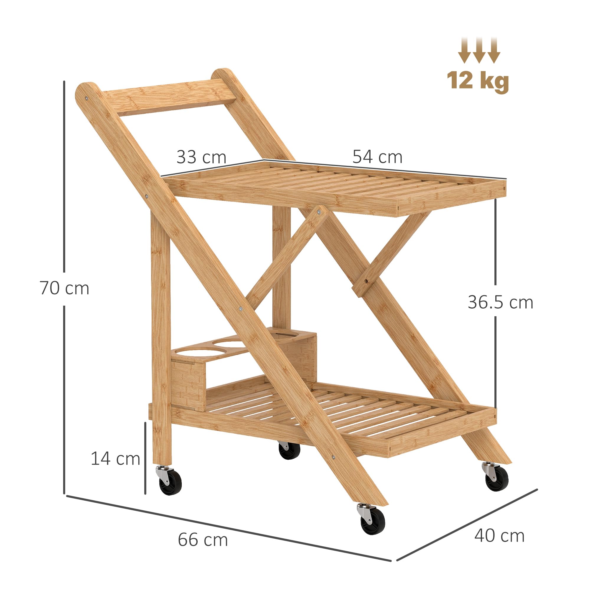 HOMCOM Carrello da Cucina a 2 Livelli Pieghevole con Ruote, Carrello Portavivande da Portata con Portabottiglie in Legno di Bambù a Doghe, 66x40x70 cm, Naturale