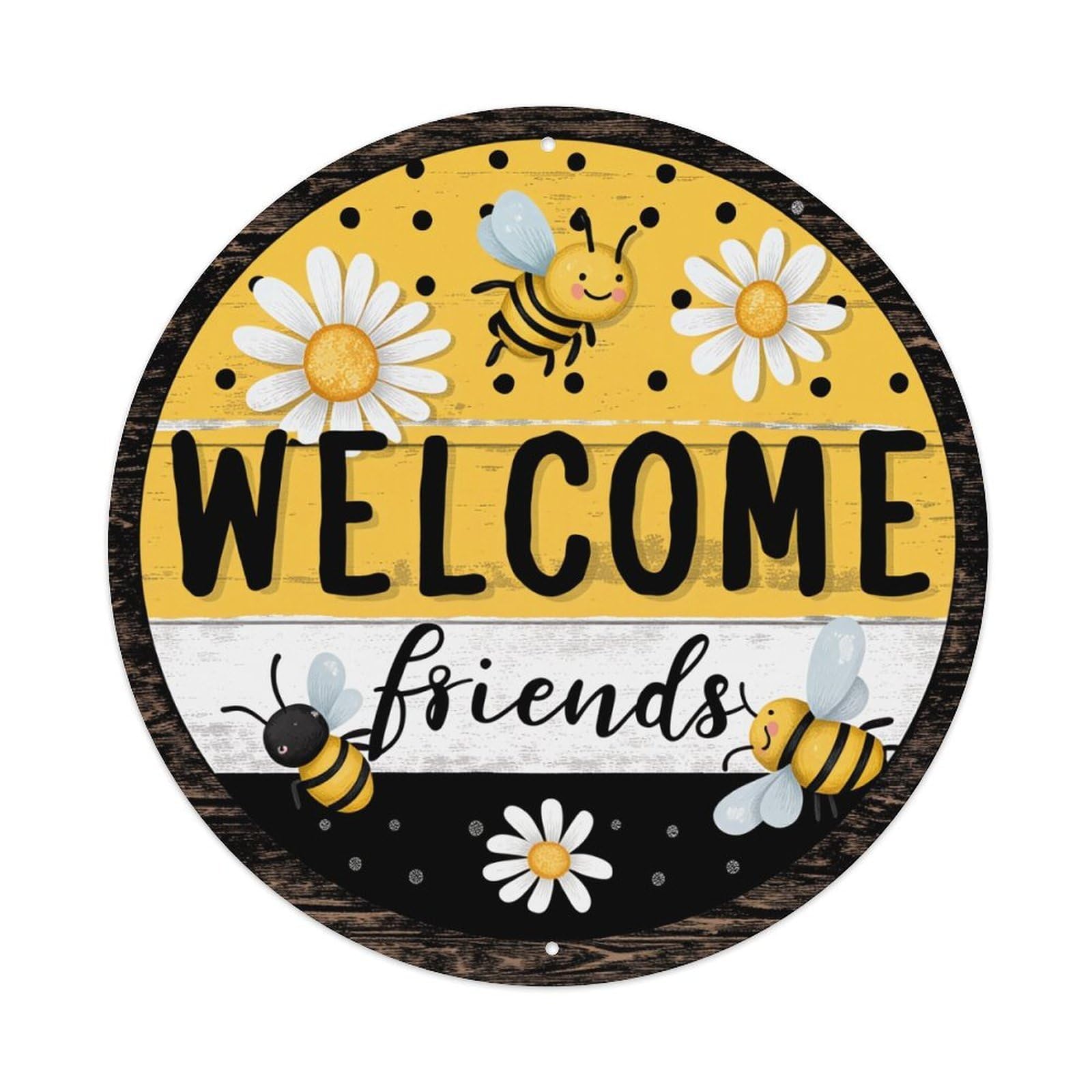 Welcome Friends Bee Daisy Pattern Round Tin Sign Retro Metal Sign for Cafe Bar Pub Home Game Room Gym Club Wall Decoration Vintage Metal Poster 8x8 Inch