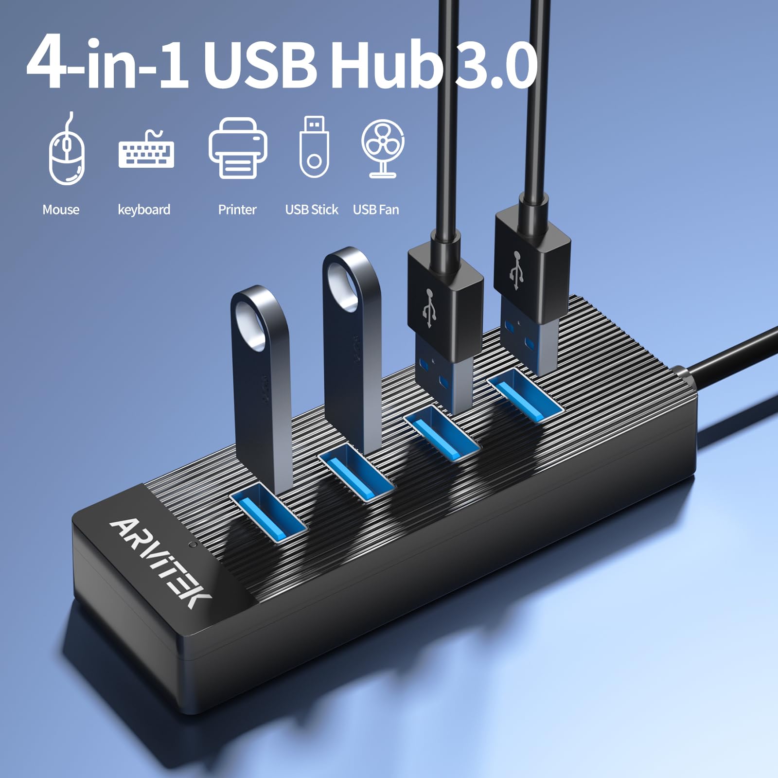 Hub USB 3.0 de 4 puertos de 10 pies para escritorio, concentrador extensor USB de 5 Gbps, adaptador multipuerto USB, divisor USB con cable largo para escritorio, PC, unidad flash, disco duro
