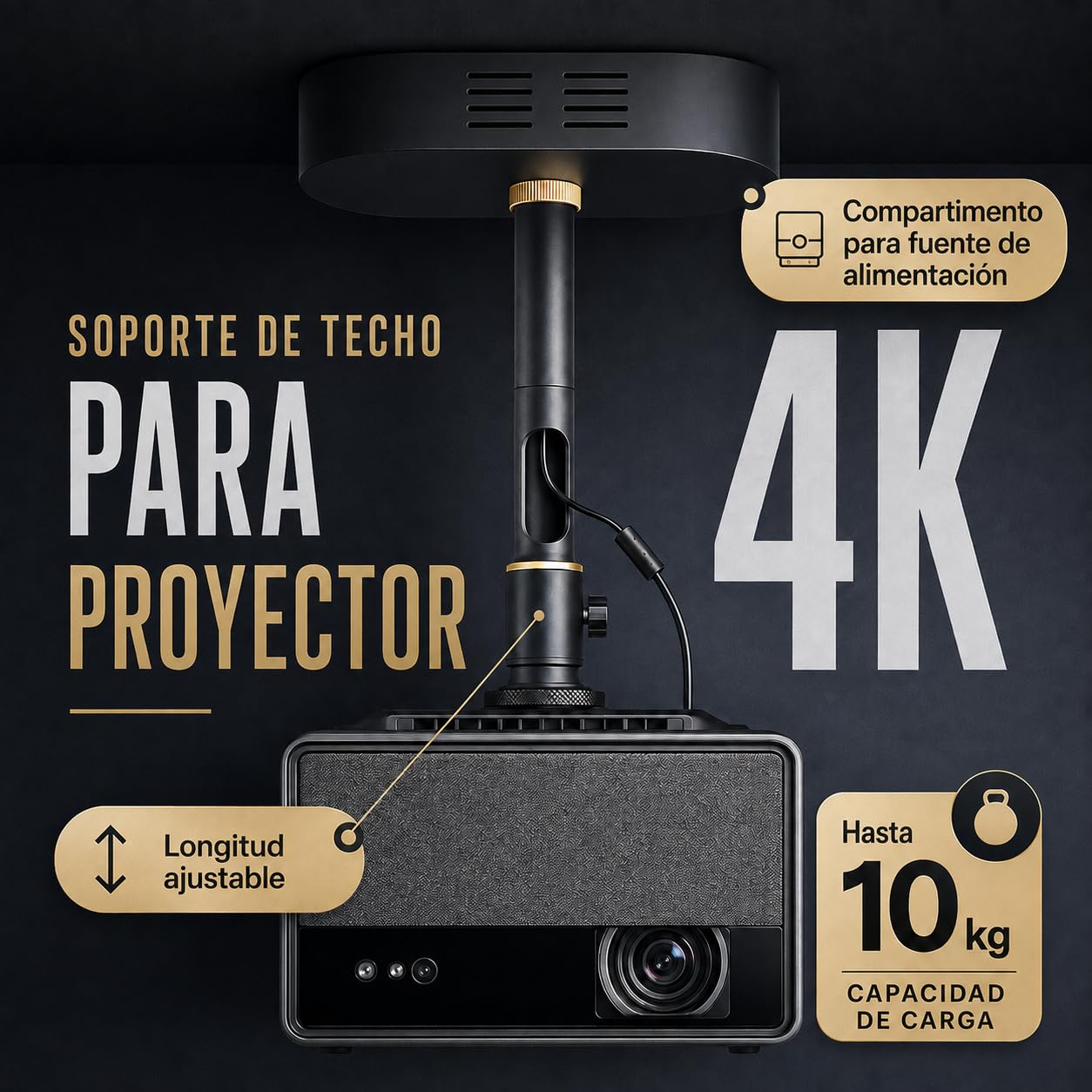 Soporte de techo para proyector – Compartimento de alimentación integrado, carga 10 kg, longitud ajustable 18-48 cm, articulación semiesférica 360°, cable oculto