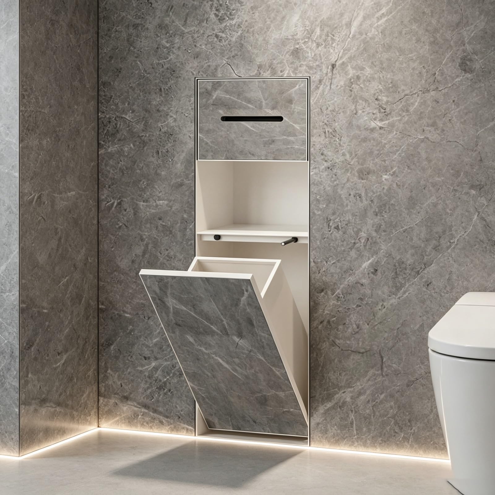 Armadietto da bagno salvaspazio da parete con cestino integrato e porta carta igienica, in acciaio inox, per decorazioni moderne e soluzioni di archiviazione efficienti