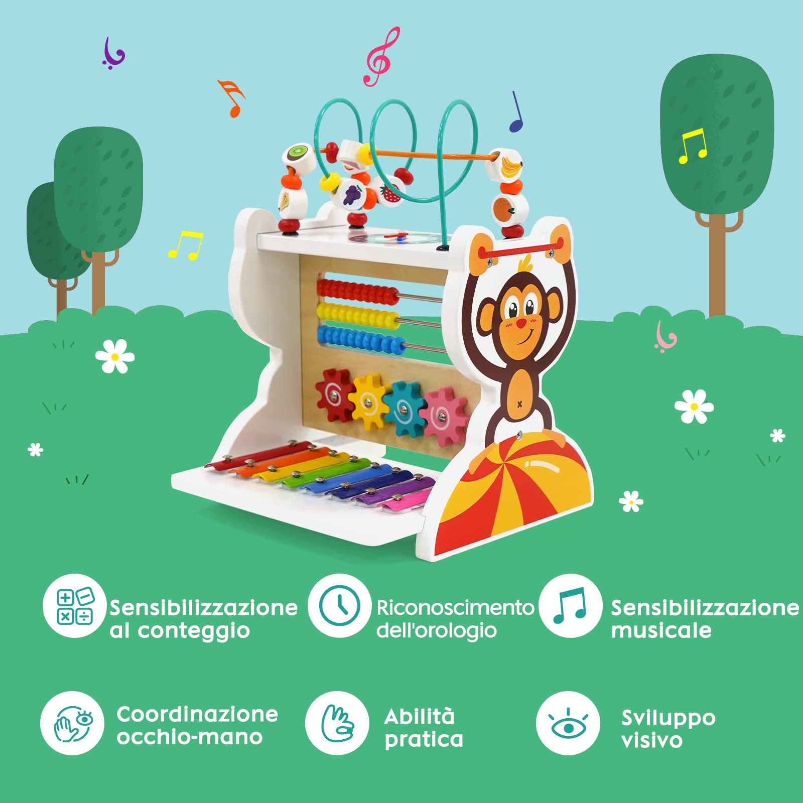 Gioco Cubo di attività in Legno per Bambini 5 in 1 : Giocattolo Xilofono, Abaco, Labirinto di Perle, Ingranaggi, Orologio: Strumento Musicale per Bambini di 1 2 3 4 5 Anni