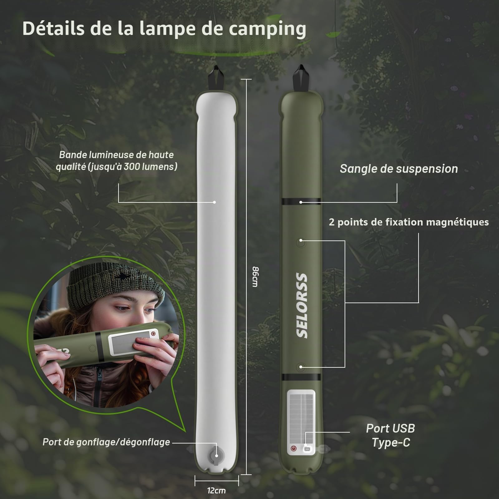 Lampes de Camping Gonflables Solaires 33.86IN/86CM Lampe Télescopique Pliable Outask, Lumière LED Extérieure Portable 2000mAh IP66 Étanche avec Lumière Blanche pour Camping, Randonnée - Vert