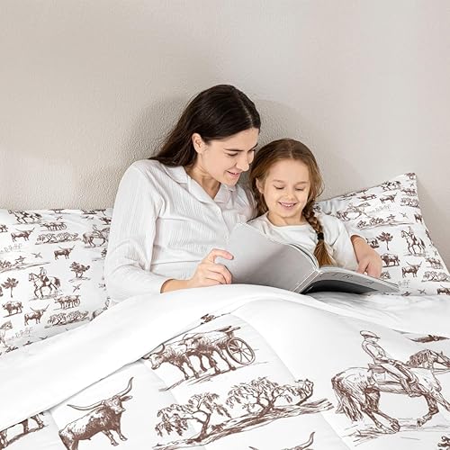 Miniatura 6 de Juego de ropa de cama de vaquero occidental, tamaño Queen para niños y niñas, caballo salvaje, vaca, animales, 3 piezas, boceto, marrón, blanco,