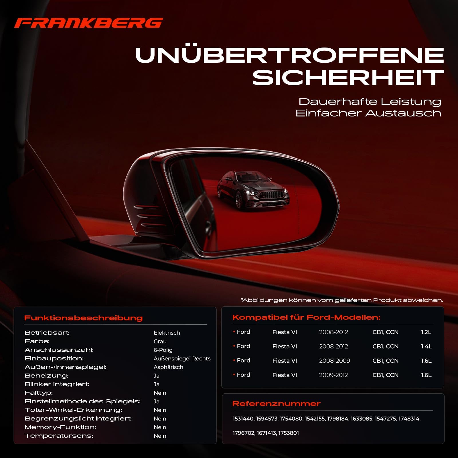 Frankberg Specchietto retrovisore esterno elettrico destro 6 Poli 1633085 | Riscaldato, &-Luce lampeggiante; Compatibile con: Fiesta VI CB1 CCN