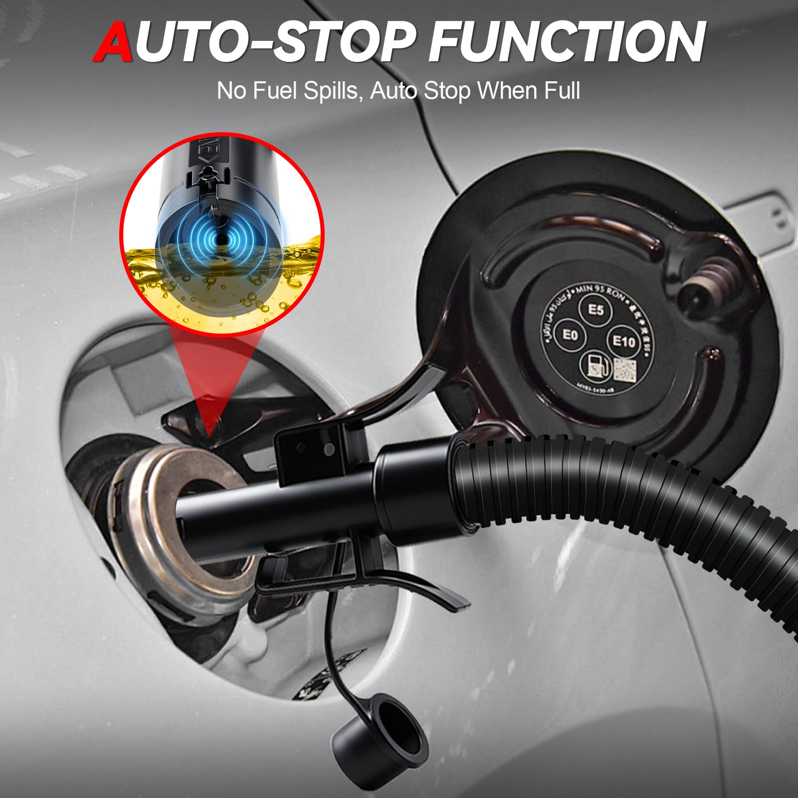 Pompa per Travaso Benzina con Sensore di Arresto Automatico,3.2GPM | 12 L/min,Ricarica a 12 V CC, Ricarica Tramite Accendisigari,Ingresso Olio da 28 mm,Adattatore di 4 Dimensioni,Tubo da 130 cm
