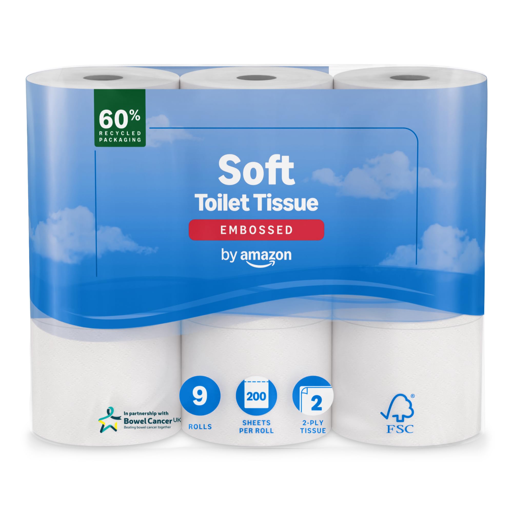 by Amazon Soft Toilet Tissue, 2-Ply, 9 Rolls (1 Pack of 9), 200 Sheets per Roll, FSC Certified