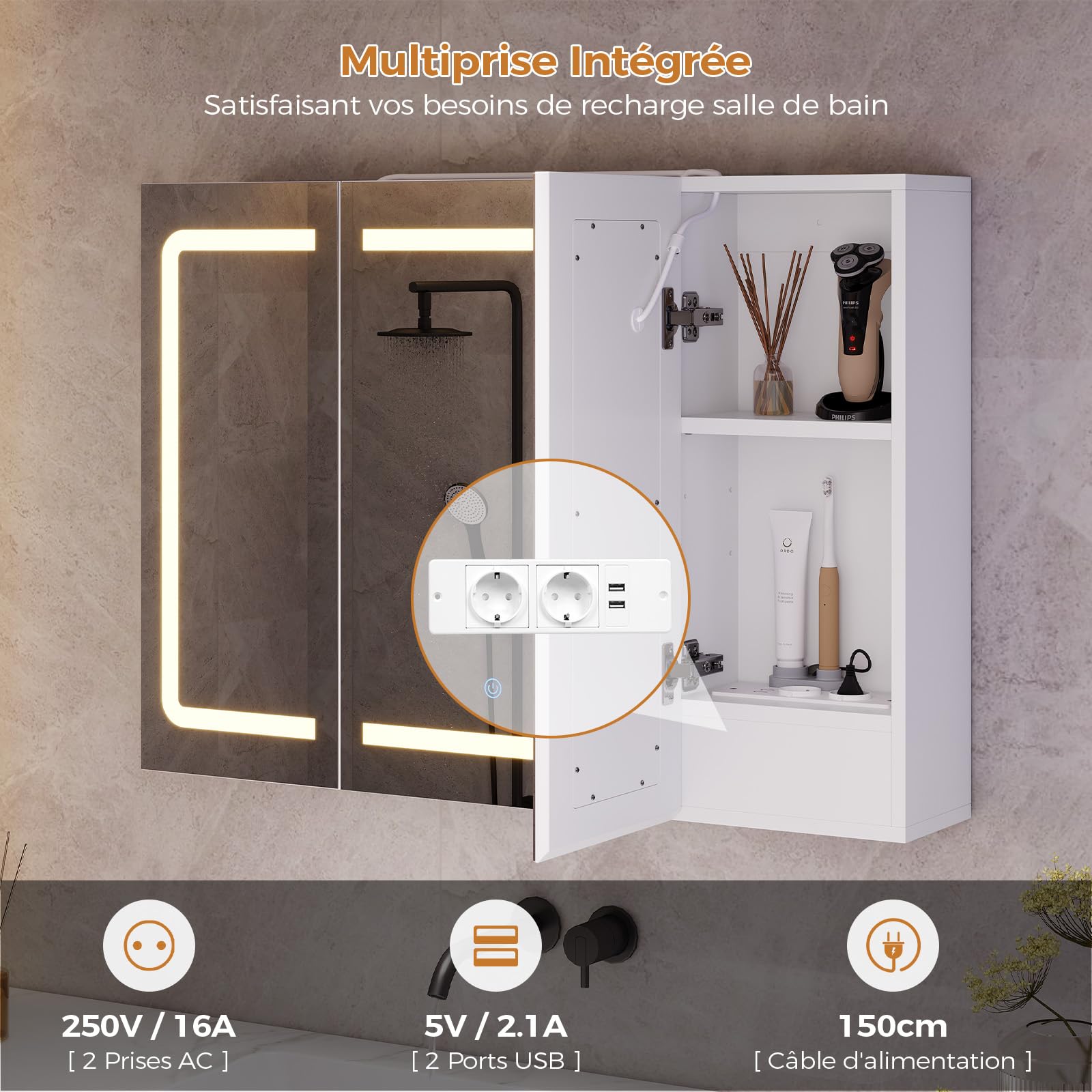 Armoire Salle de Bain avec Miroir LED Lumineux 3 Températures + Intensité Réglable, Prise Électrique (2 AC + 2 USB), Capteur Tactile - 3 Étagères Réglables -Design Moderne 60x80x16 cm(HxLxP)