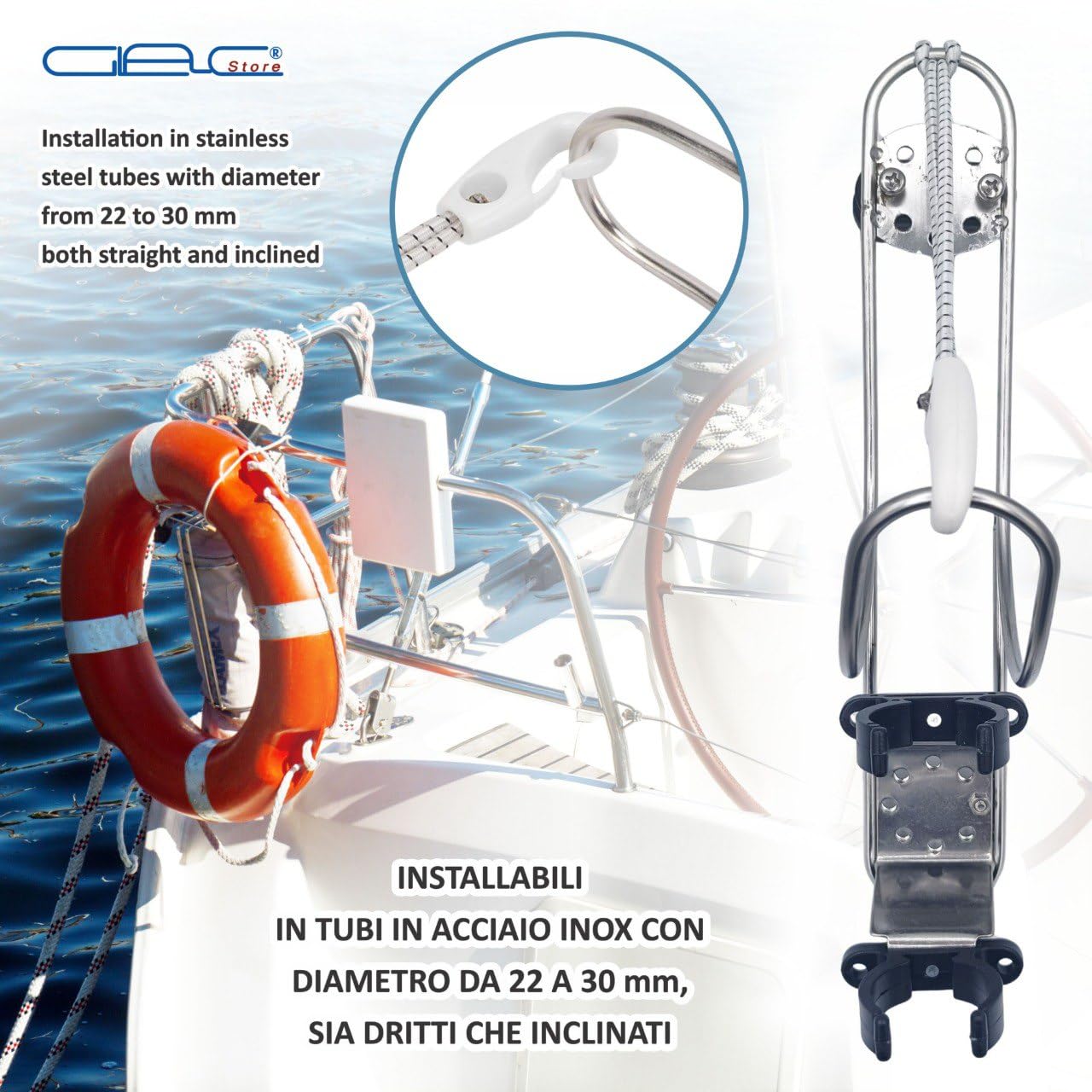 Soporte para flotador anular de acero inoxidable, 19,5 x 17 cm, para suelo o tubos de 22-30 mm, con soporte Boetta