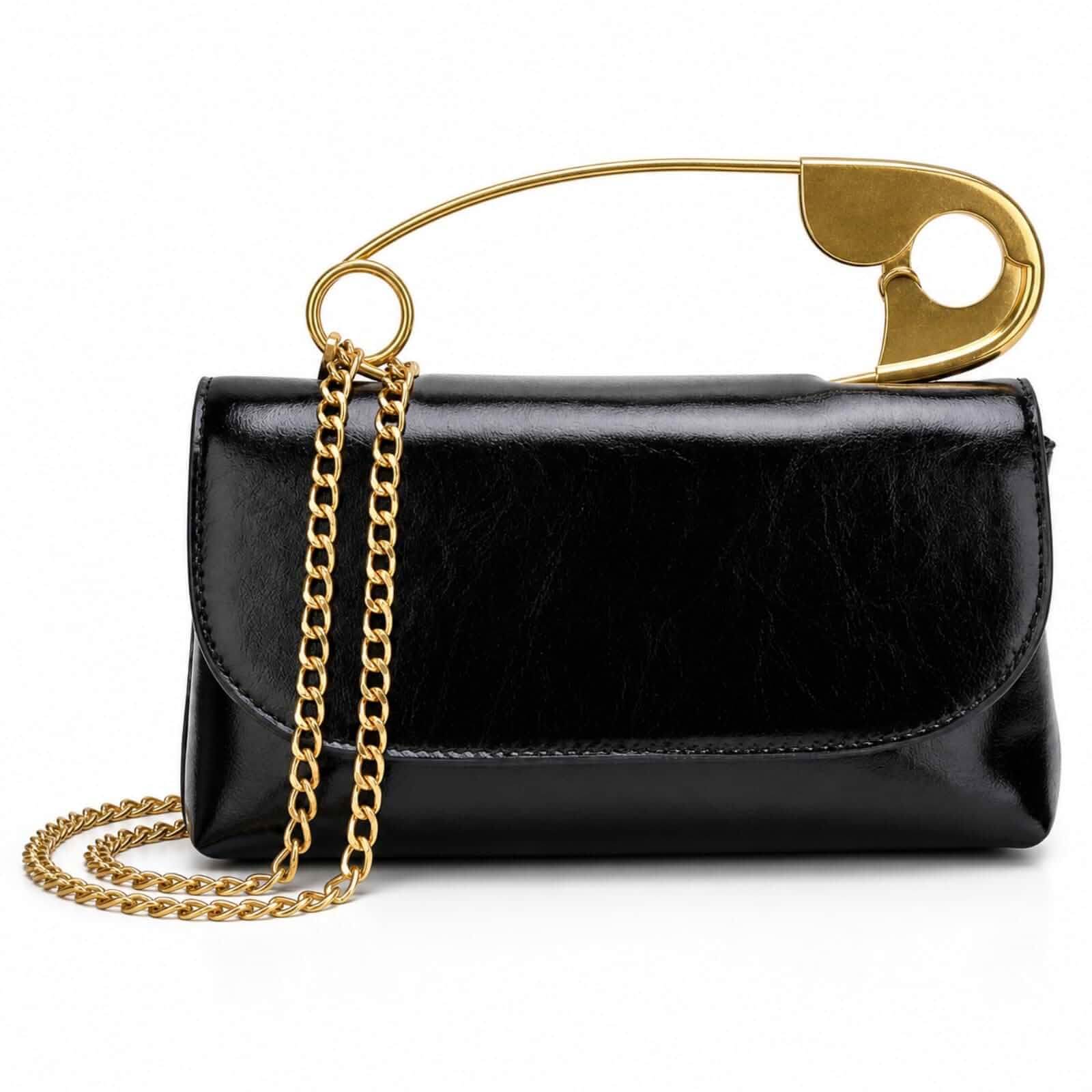 Women's Unique Novelty Clutch Purse Leather Pin Crossbody Bag with Gold Handles Chain for Evening Date Daily Shopping