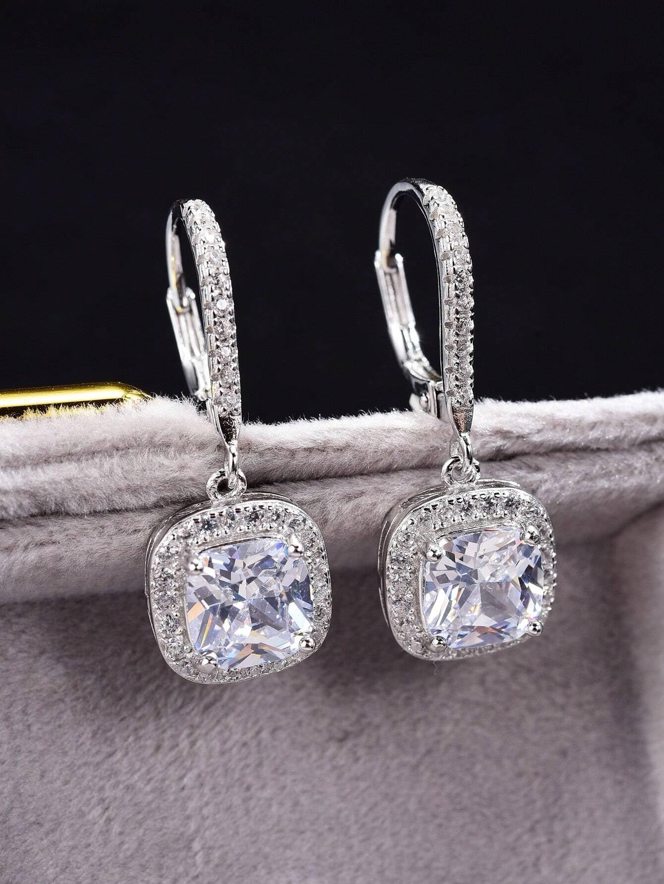 Celeb-Inspired Silver Plated Zircon Earrings - Square Hanging