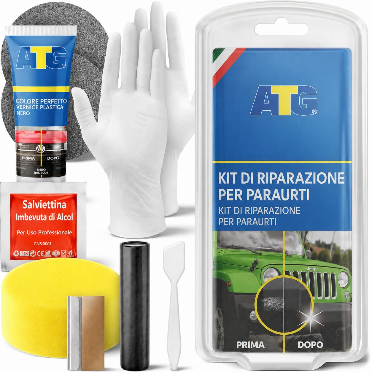 ATG® Kit Riparazione Paraurti Auto Nero – Rinnova Plastiche Auto, Rimuovi Graffi Plastica con Colore Nero e Stucco Riparazione