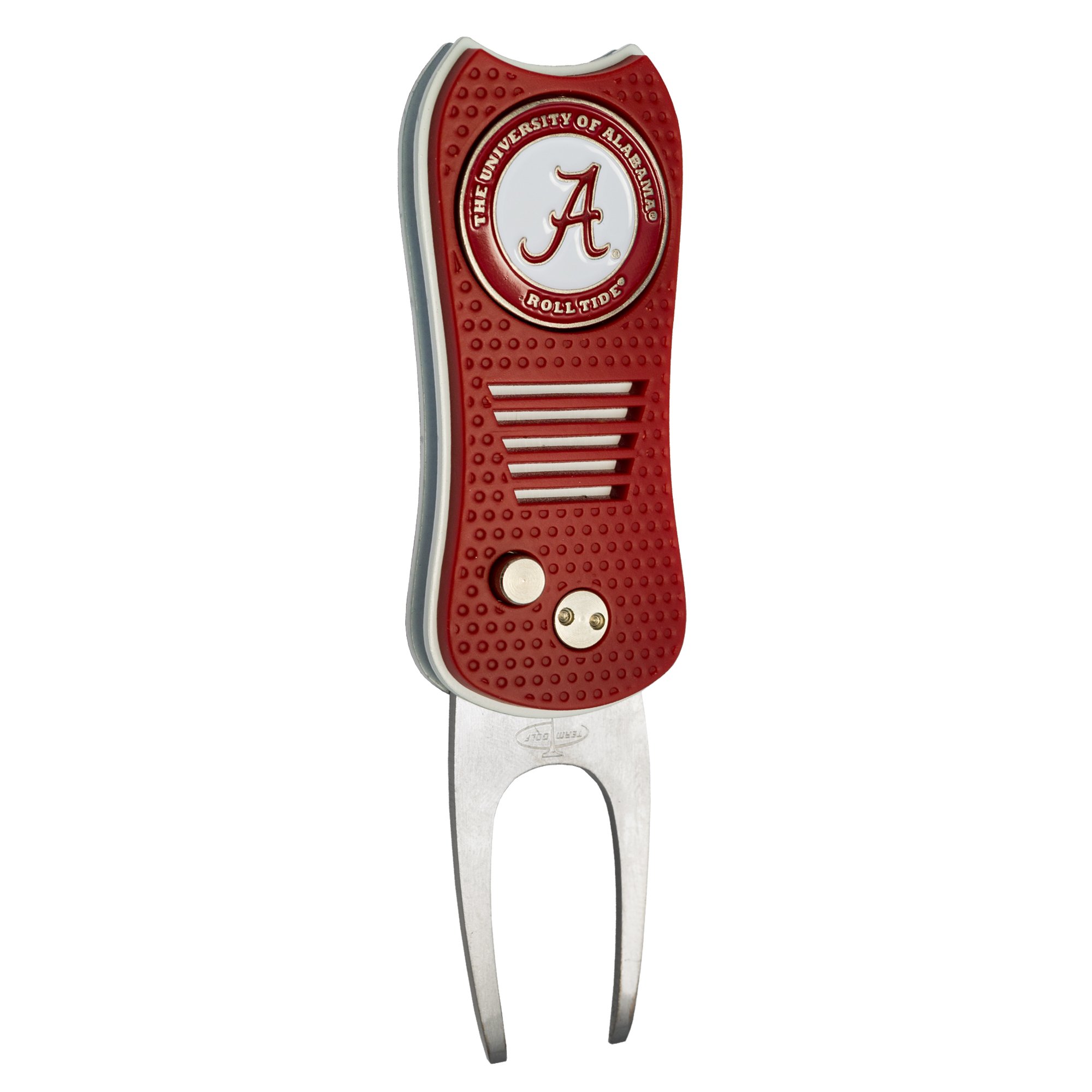 Team Golf NCAA Alabama Crimson Tide Retractable Divot Tool with Double-Sided Magnetic Ball Marker, Features Patented Single Prong Design, Causes Less Damage to Greens