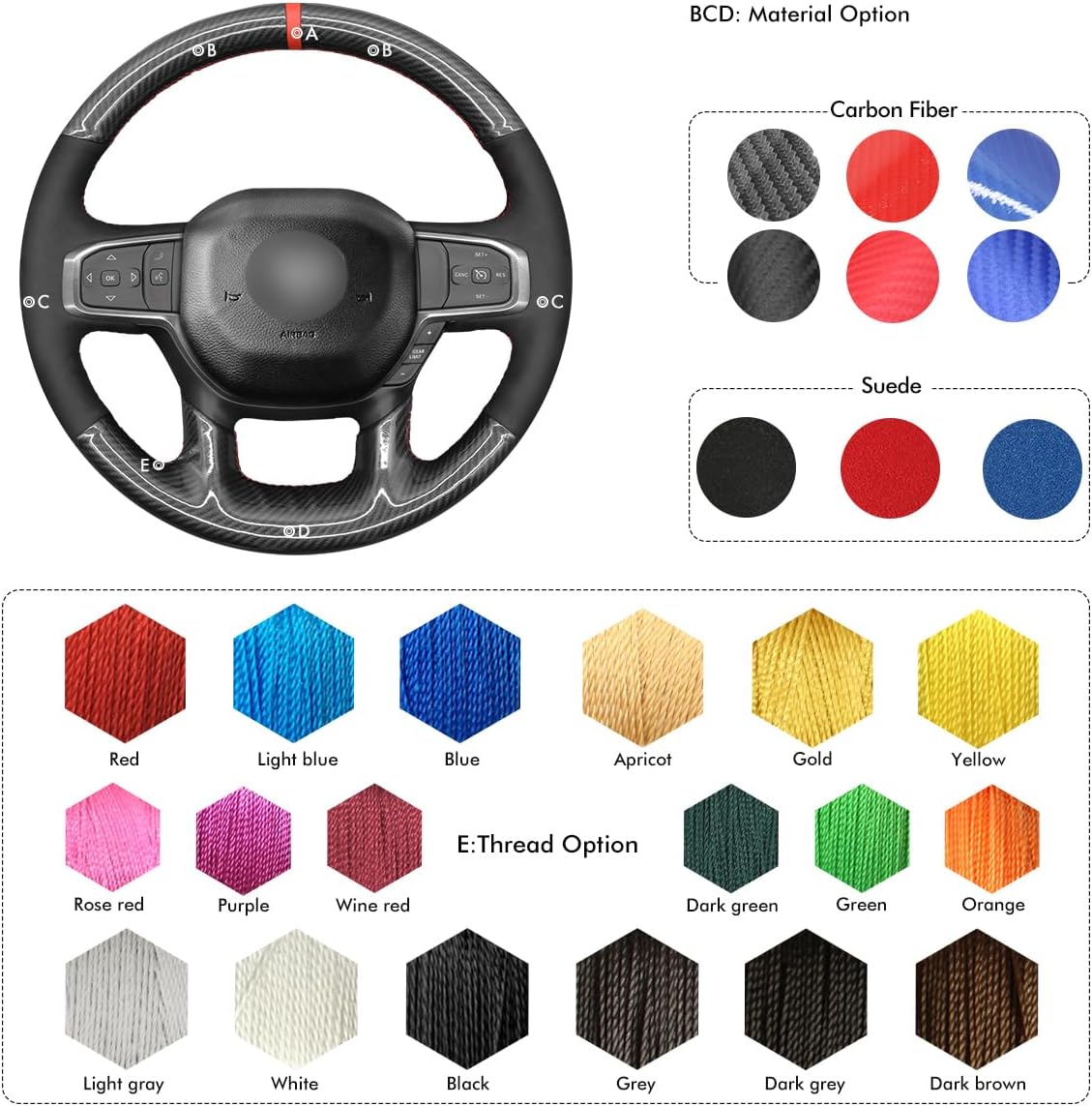 MEWANT Hand Stitch Black Suede Shiny PU Carbon Fiber Steering Wheel Cover for Dodge Ram 1500 Laramie Big Horn 2019-2021