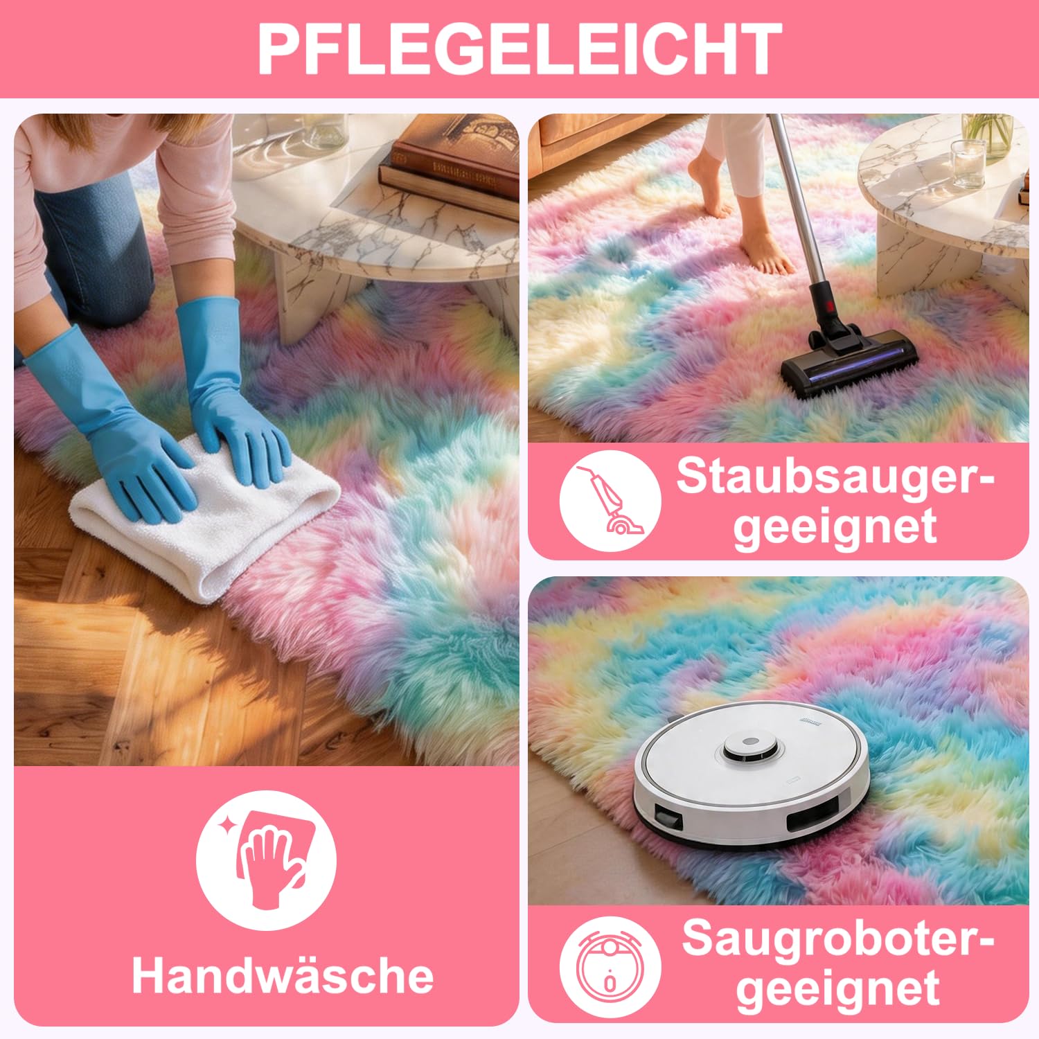 Teppich Wohnzimmer 160 x 230 cm Regenbogen Waschbar Rutschfester Hochflorteppich Kinderzimmer Schlafzimmer Flauschiger Teppiche