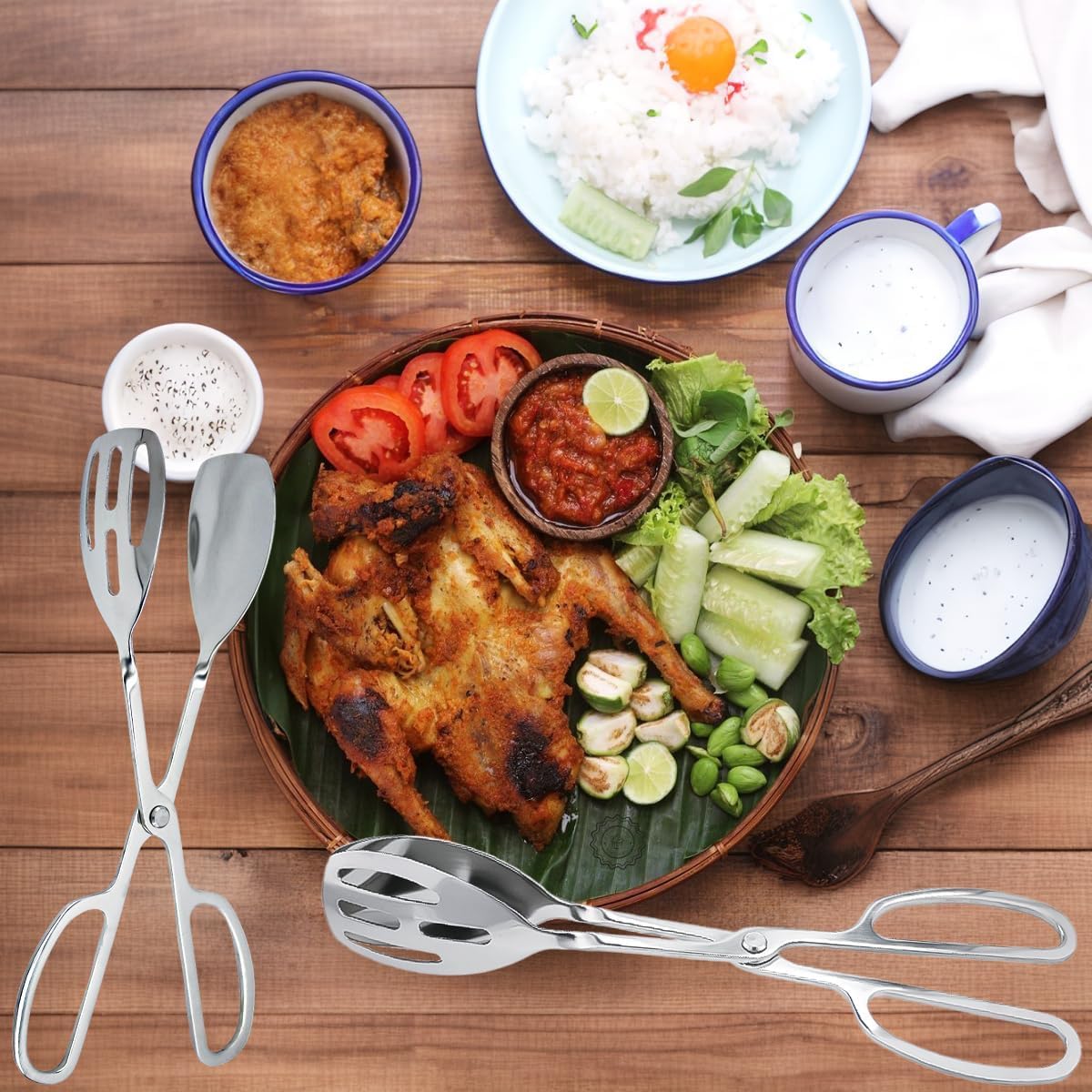 2 Pieces Salad Tongs Stainless Steel Kitchen Scissors for Food, Catering Utensil for Bread Cake Bake Steak Barbecue for Kitchen Serving and Cooking(Sliver)