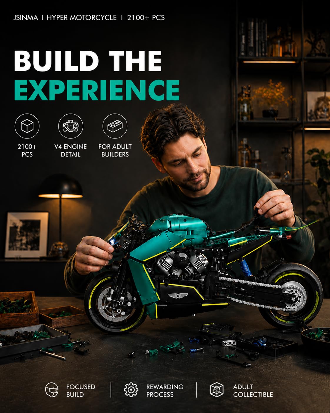 JSINMA Technic AMB001 Hyper - Set da costruzione di motociclette per adulti, modello di bici su larga scala 1:5 con luci a LED, display per ingegneria meccanica, regalo da collezione, oltre 2100 pezzi