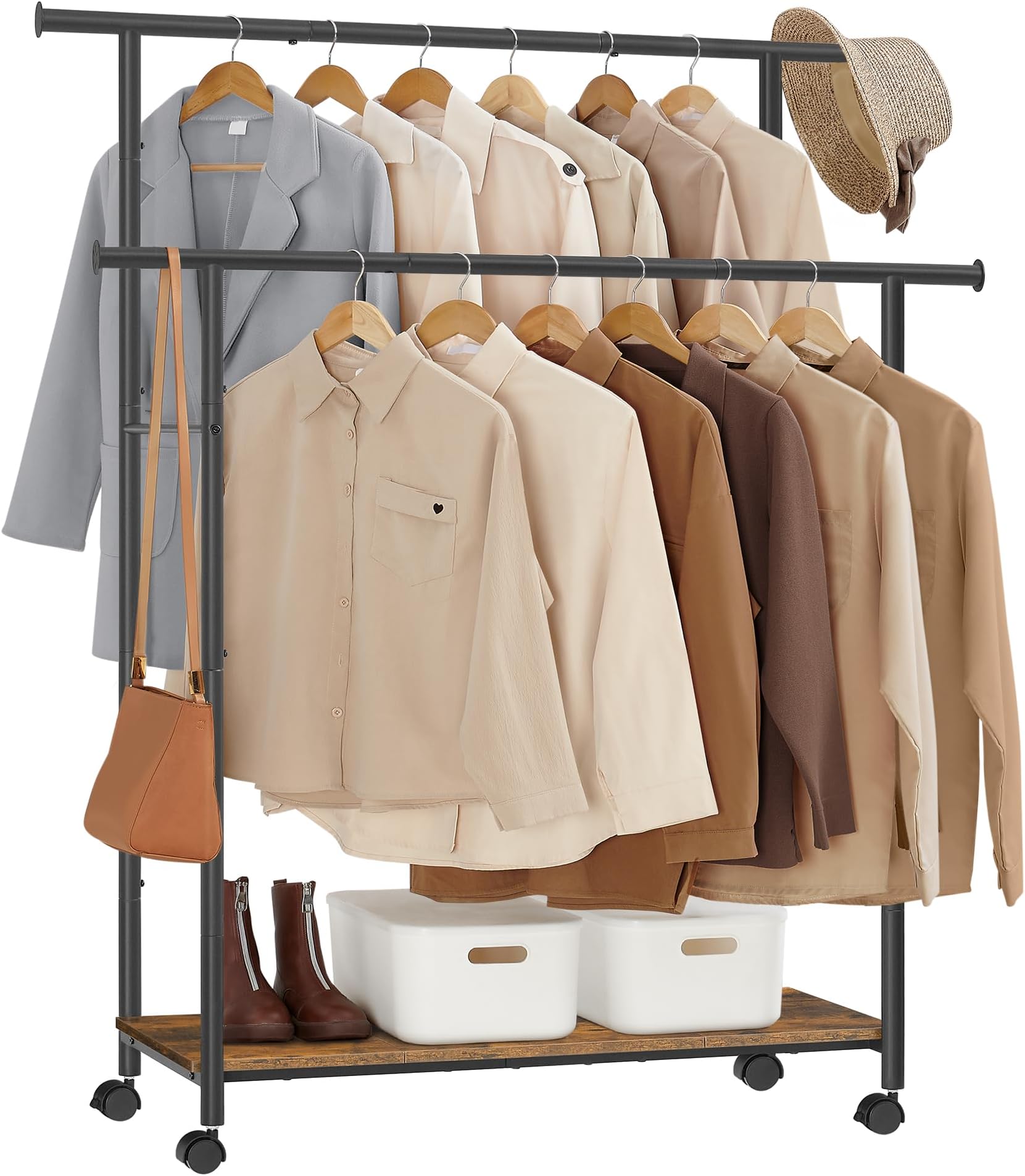 SONGMICS Clothes Rail, Portable Clothes Rack, 98.5 cm Double Clothes Hanging Rail, Metal Frame, with Storage Shelf, Loads up to 100 kg, Rustic Brown and Ink Black HSR152B01