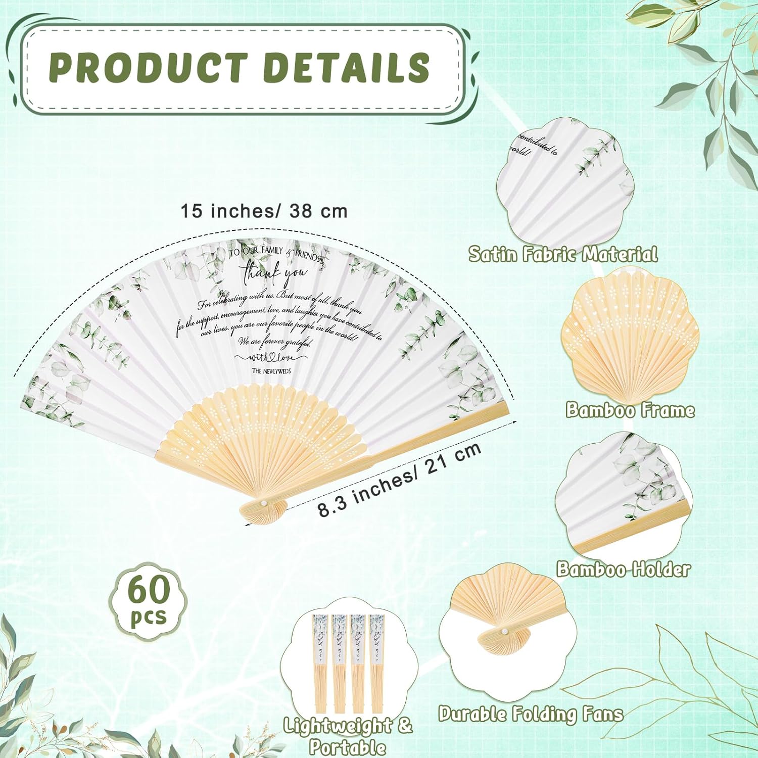 Unittype 60 Pcs Folding Hand Fans Bulk for Guests Silk Bamboo Folded Handheld Fans Decorative for Bridal Shower Favors Wedding Party Supplies Family Friends Thank You Gifts(White Green,Wedding)