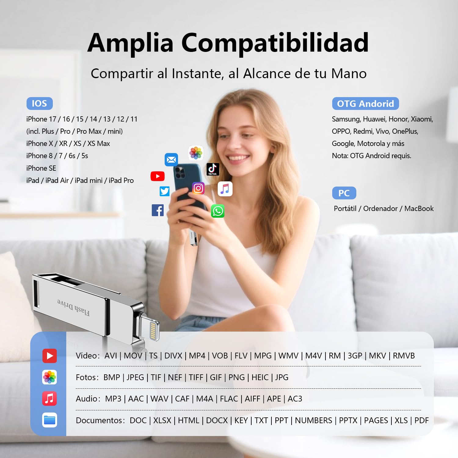 MFI Pendrive 256GB para iPhone,Memoria USB 3.0,Lightning,USB C | 3 en 1 Memoria Externa para iPhone,iPad,Movil Android OTG,Mac,PC,Flash Drive Transfiere Fotos,Vídeos y Datos,Capacidad Real