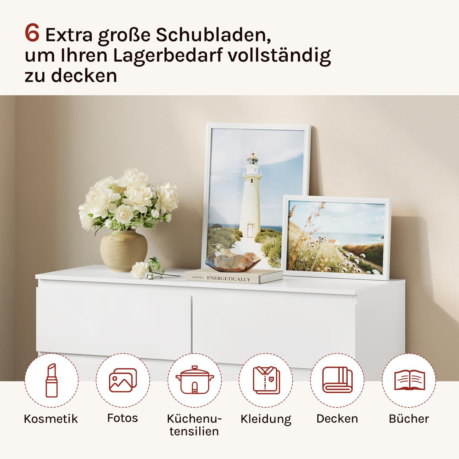 WOLTU Kommode mit 6 Schubladen, Moderner Schubladenschrank für Wohnzimmer, Schlafzimmer oder Flur, aus Holzwerkstoff, 100x69x36 cm, Weiß, KMD007ws