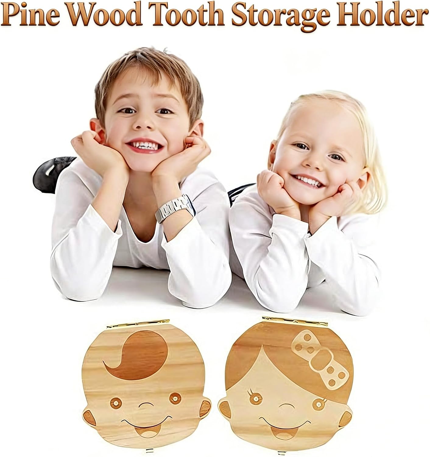 Wooden Tooth Fairy Box for Girls - Baby Girl Teeth Keepsake Storage Holder, Pine Wood Memory Organizer