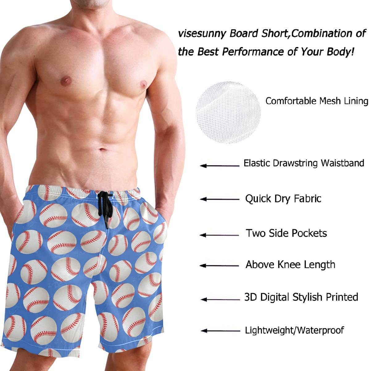 visesunny Men's Novelty Beach Shorts Quick Dry Swimwear Sports Running Swim Board Shorts Bathing Suits with Pockets Summer