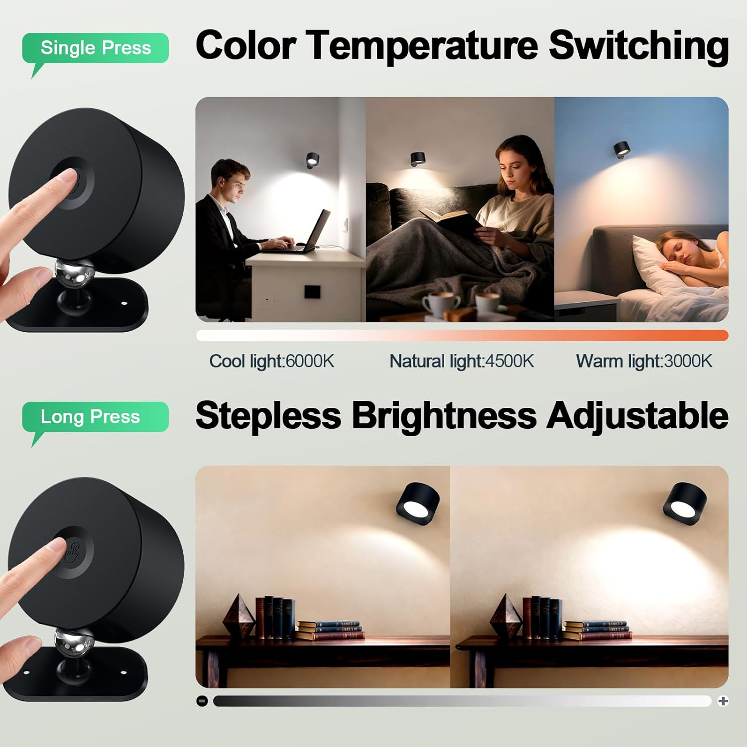 AOMEES Wall Lights Battery Operated Wall Sconce, 3 Color Temperatures & 3 Brightness Levels & Remote and Touch 360°Rotation, Mounted Cordless Lamp Magnetic Rechargeable Led Lights for Bedroom 6pcs
