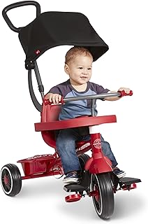 Radio Flyer Stroll N Trike Grows with Child, Converts from Parent Steering to Pedaling for Ages 1-5, Features Safety Harness, UV-Protection Canopy, Cup Holder, Toy Storage, and More, Amazon Exclusive