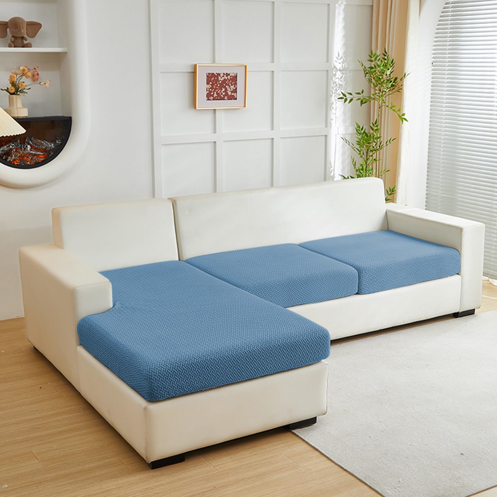 Yoovat Couch Cushion Covers for Sofa Couch Covers Wear-Resistant Universal Sofa Cover Washable Stretch for Sectional Slipcovers (Texture-Blue, 2 Seats + Chaise Cover)