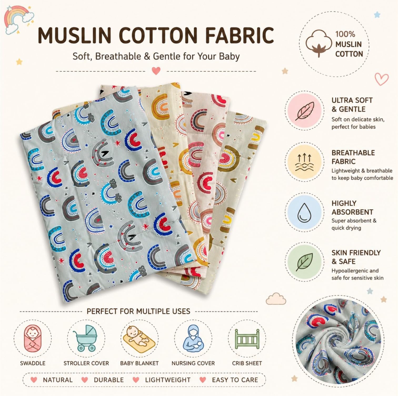 Fabrify 100% Cotton Newborn Baby Thin Mattress, Baby Bed, Mattress, Rajai, Bedsheet Combo Set Soft Cotton godadi, Godari, Baby Bed, Crib Sheet (0-6 Months, Multi Color) (Pack of 4) (Heart Design) 2