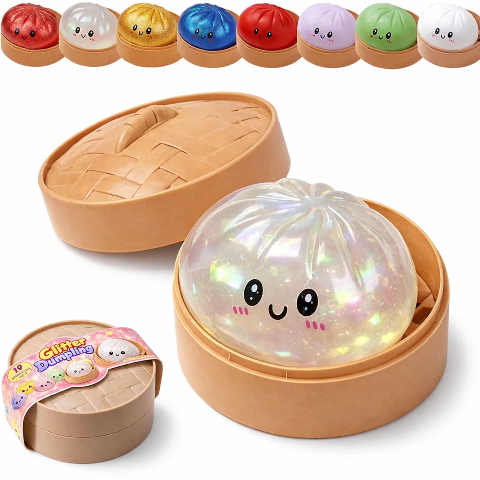 Dumpling Squishy, Squishy Dumpling Toy, Glitter Dumplings Squishiest Toy with Steamer Box, Stress & Anxiety Relief Toys for Kids & Adults Non-Edible (White)