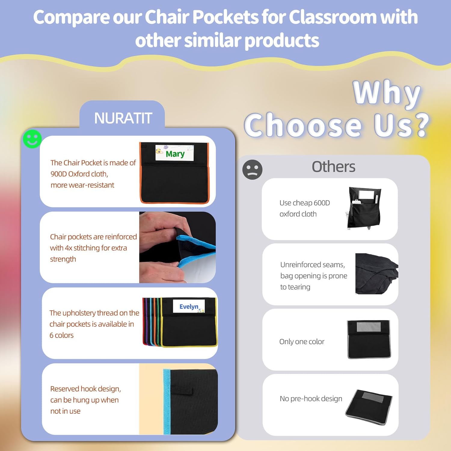 48 PCS Chair Pockets for Classroom, 15.6x16.8 Inch Seat Pockets for Classroom Chairs, Black Seat Sacks for Classroom Chairs with Name Tag, Back of Chair Organizer for Kids in Classroom