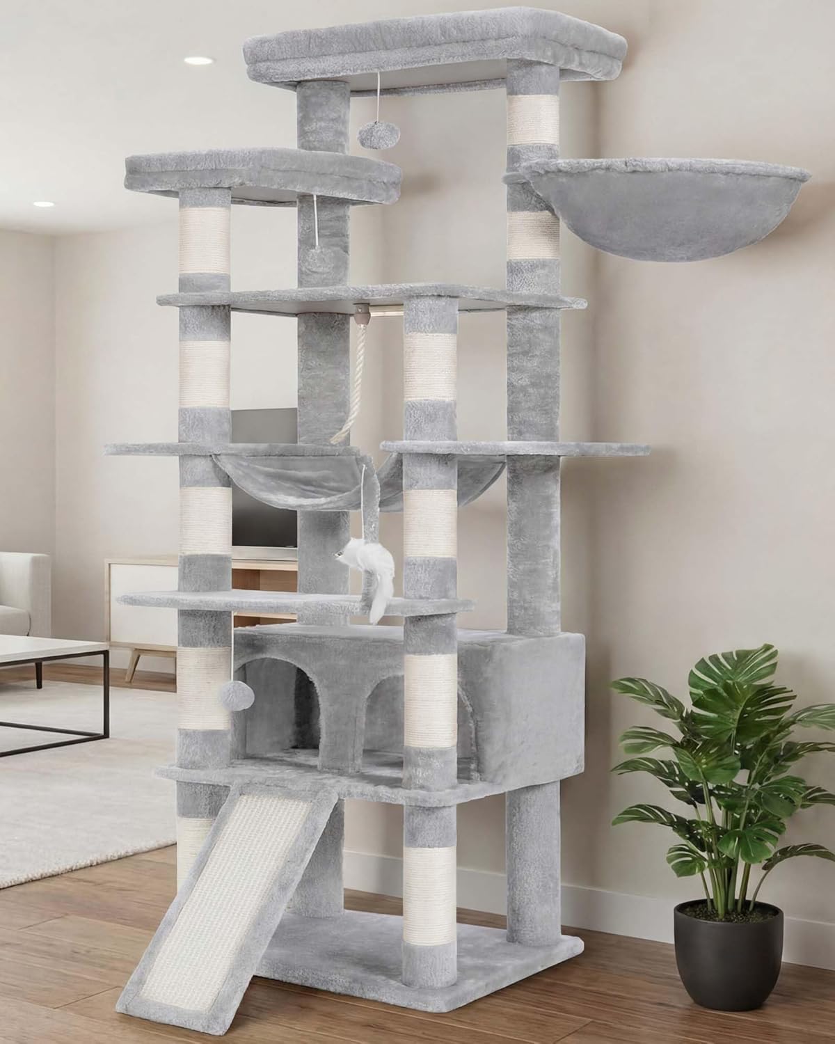 Heybly Tall Cat Tree, 78-inch Multi-Level Cat Tower for Indoor Cats, 2 Widened Plush Perches Cat Condo with Scratching Board and Big Caves, Beige HCT033M
