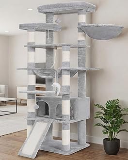 Heybly Tall Cat Tree, 78-inch Multi-Level Cat Tower for Indoor Cats, 2 Widened Plush Perches Cat Condo with Scratching Board and Big Caves, Light Gray HCT033W