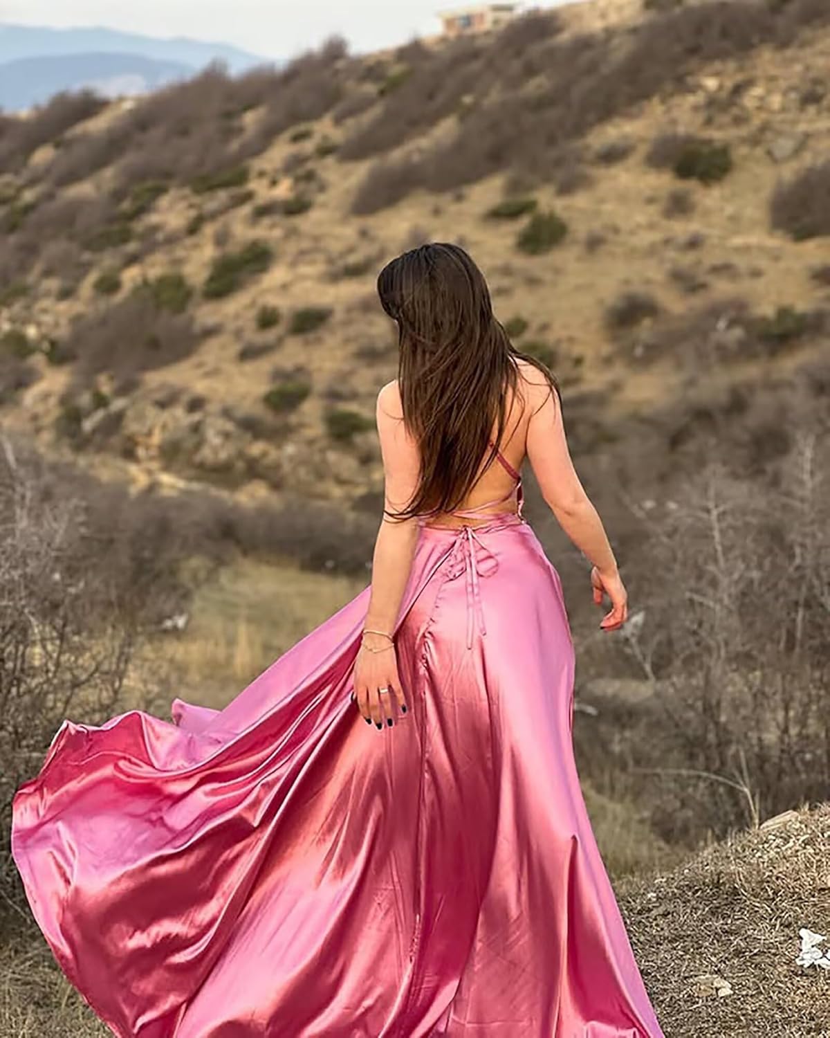 MisShow Women's Spaghetti Straps Prom Dresses with Slit Satin Bridesmaid Dress Long Evening Formal Party Gown