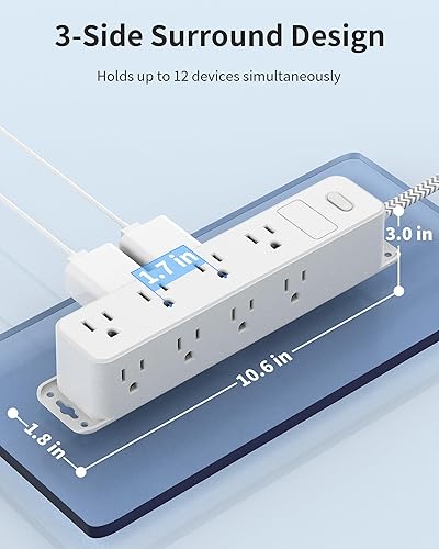Miniatura 7 de Regleta protectora de sobretensiones, cable de extensión de enchufe plano trenzado de 5 pies, 12 salidas de CA, diseño envolvente de 3 lados,