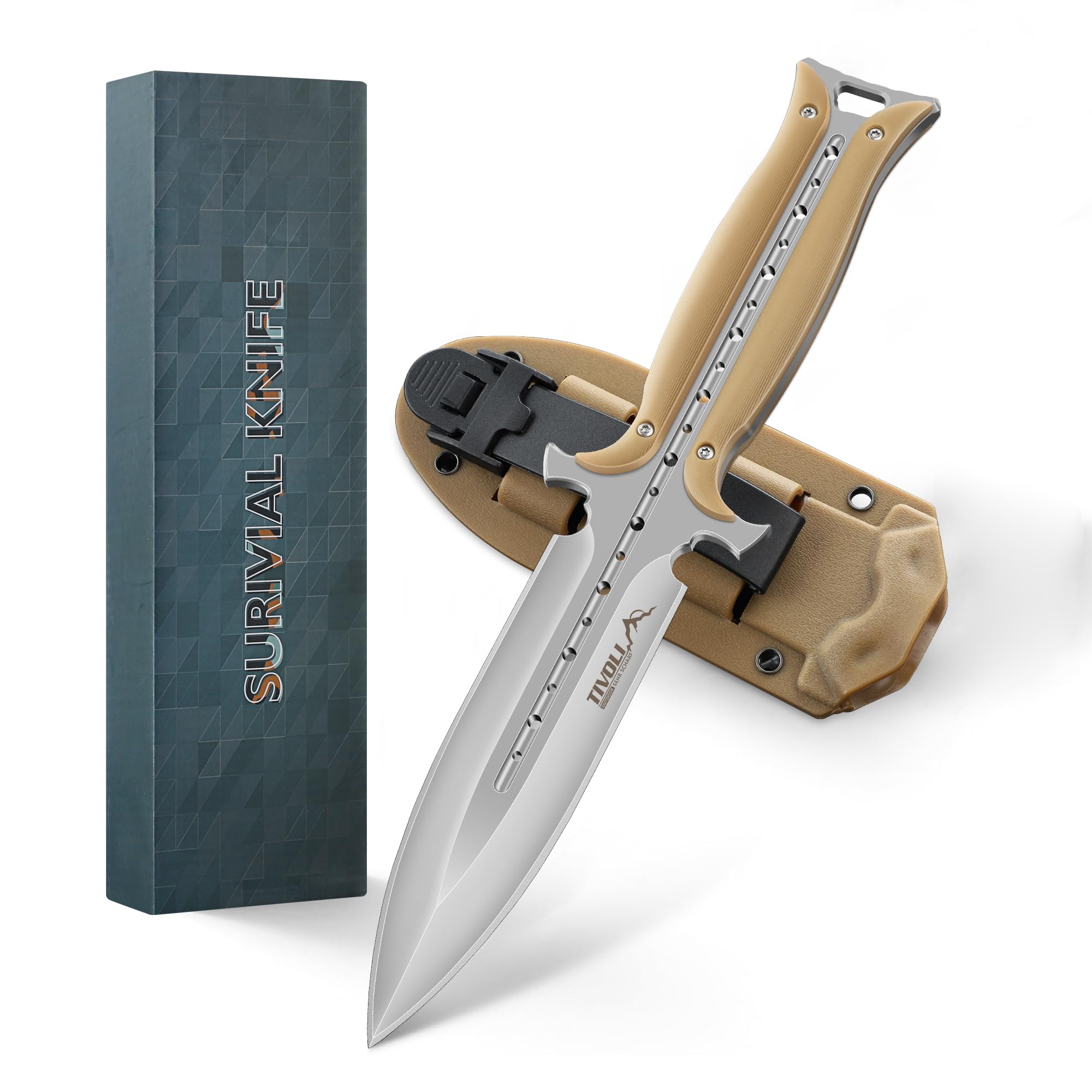 TIVOLI Outdoor Messer Feststehend in Khaki, Full Tang Bushcraft Messer mit Kydex-Scheide, Gürtelmesser für Camping, Wandern & Outdoor