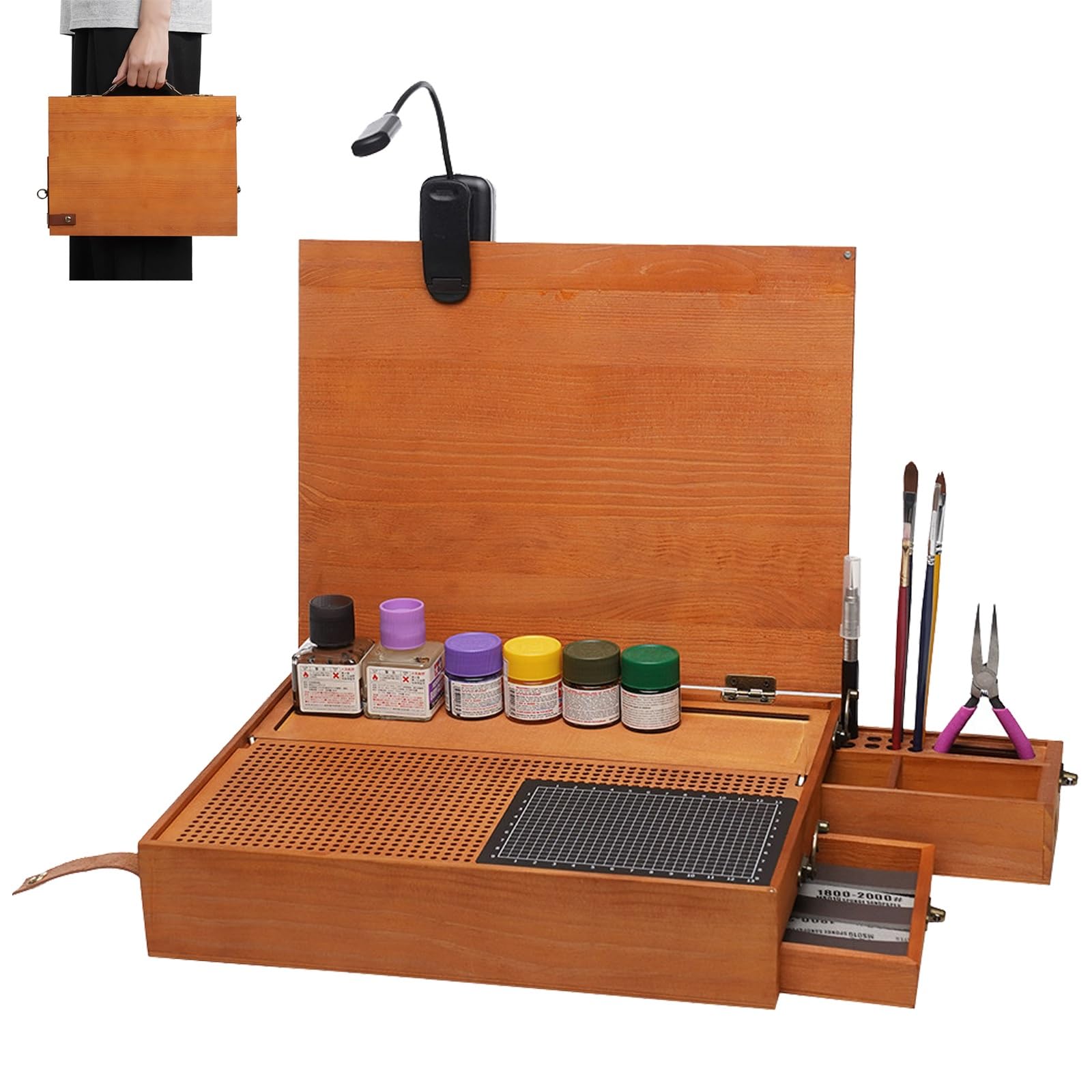 Postazione di lavoro pieghevole per modellismo con cassetto luminoso e nascosto, organizer fai da te con tappetino da taglio per hobby officina