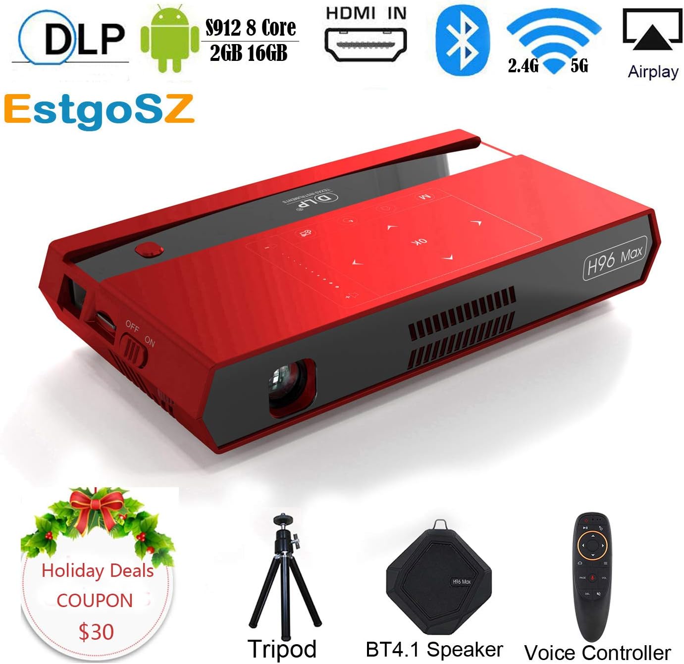 Mini Smart Video Projector H96 Max DLP Pico Portable Projector 150ANSI 4K 1080P Android Projector with 200'' Display/HDMI in/2.4&5G WiFi/BT4.1/USB/SD for Home Theater Movie Projector