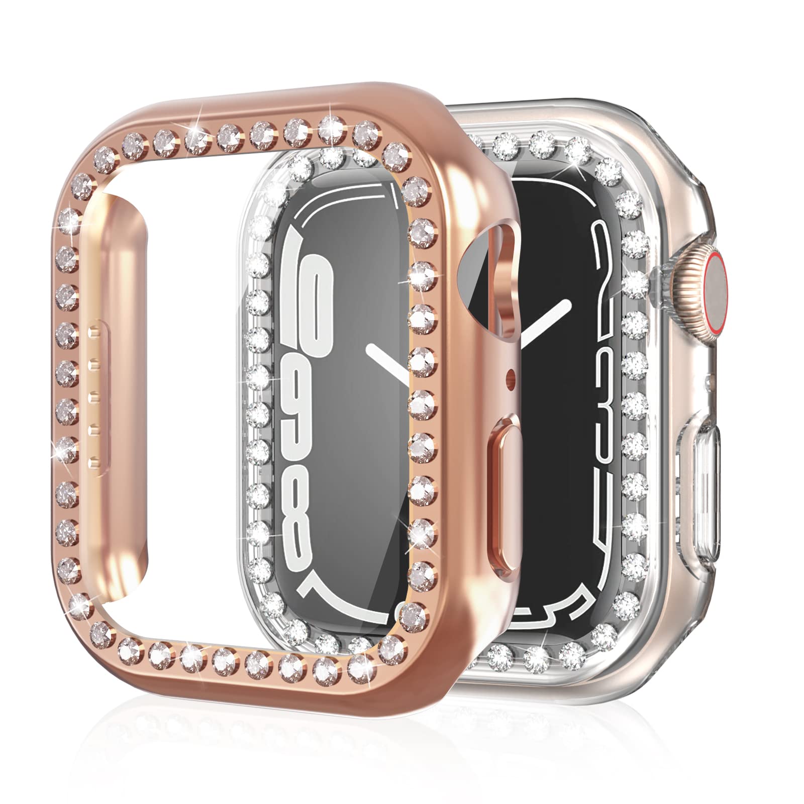 2 Pack Bling Case for Apple Watch 45mm with Built-in Tempered Glass Screen Protector, iWatch Series 7 All Round Protection Hard PC Full Edge Protective Diamond Cover Accessories for Women Girls