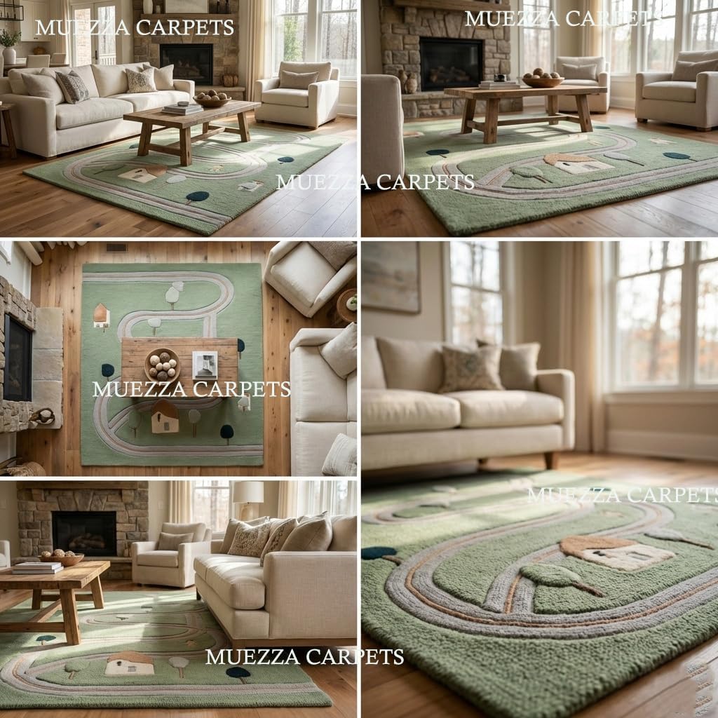 Hand Tufted Wool Kids Area Rug 9x12 Ft – Extra Large Nursery Playroom Rug, Pastel Green Road Design, Plush Handmade Wool Carpet