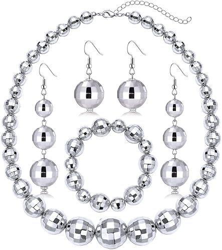 Pendientes de bola de discoteca, collar, pulsera, joyería para mujer, aretes colgantes de bola de espejo de los años 60 y 70, aretes colgantes de