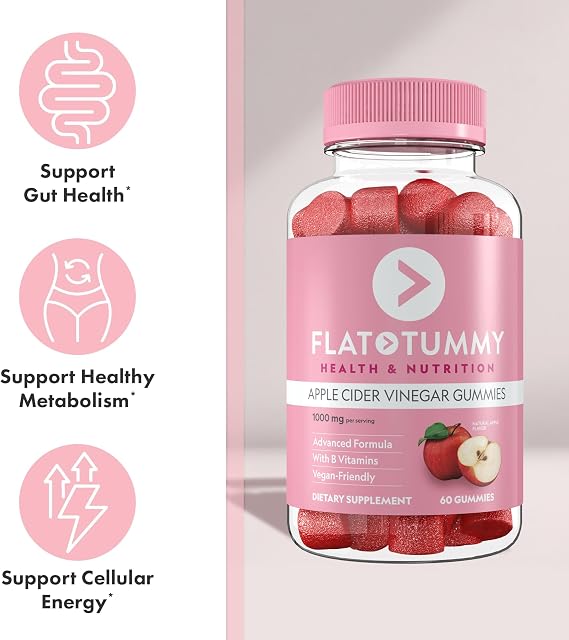Flat Tummy Apple Cider Vinegar Gummies, 60 Count ACV Gummies, Detox, Support Gut Health Vegan-Friendly, Non-GMO - Beet and Pomegranate Superfood Powders, Vitamins B6, B9 & B12