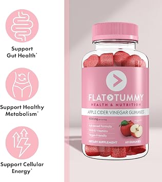 Flat Tummy Apple Cider Vinegar Gummies, 60 Count ACV Gummies, Detox, Support Gut Health Vegan-Friendly, Non-GMO - Beet and Pomegranate Superfood Powders, Vitamins B6, B9 & B12