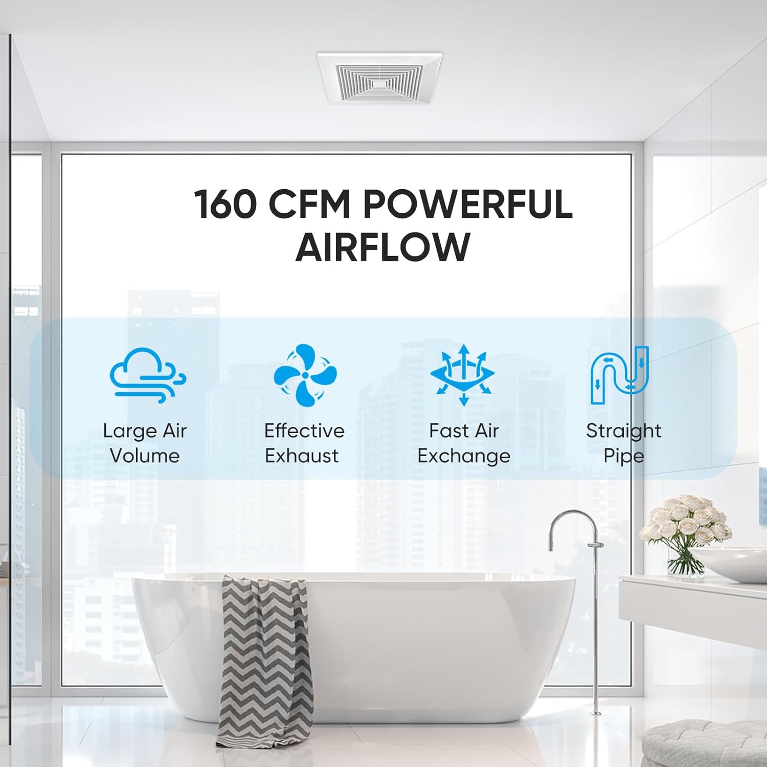 10 Inch Bathroom Exhaust Fan, 160 CFM 1.0 Sones Square Ultra Quiet Bathroom Vent Fan with DC Motor Full ABS Cover for 10.03" Ceiling Opening Mount Bath & Laundry, 110V-240V