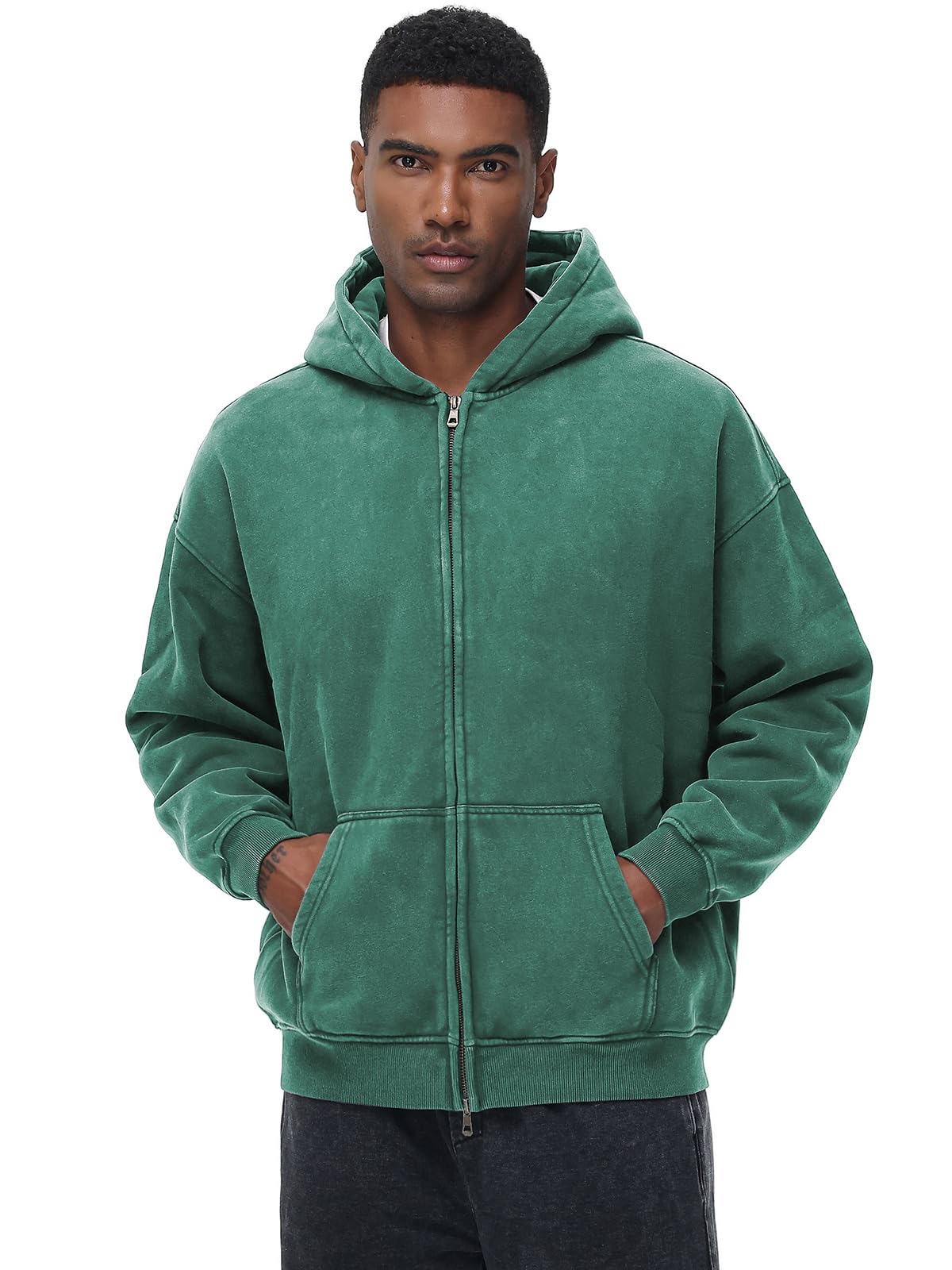 HOTIAN Herren Oversized Hoodie Pullover Vintage Fleece Pullover Acid Wash Basic Warm Kapuzenpullover mit Reißverschluss Streetwear