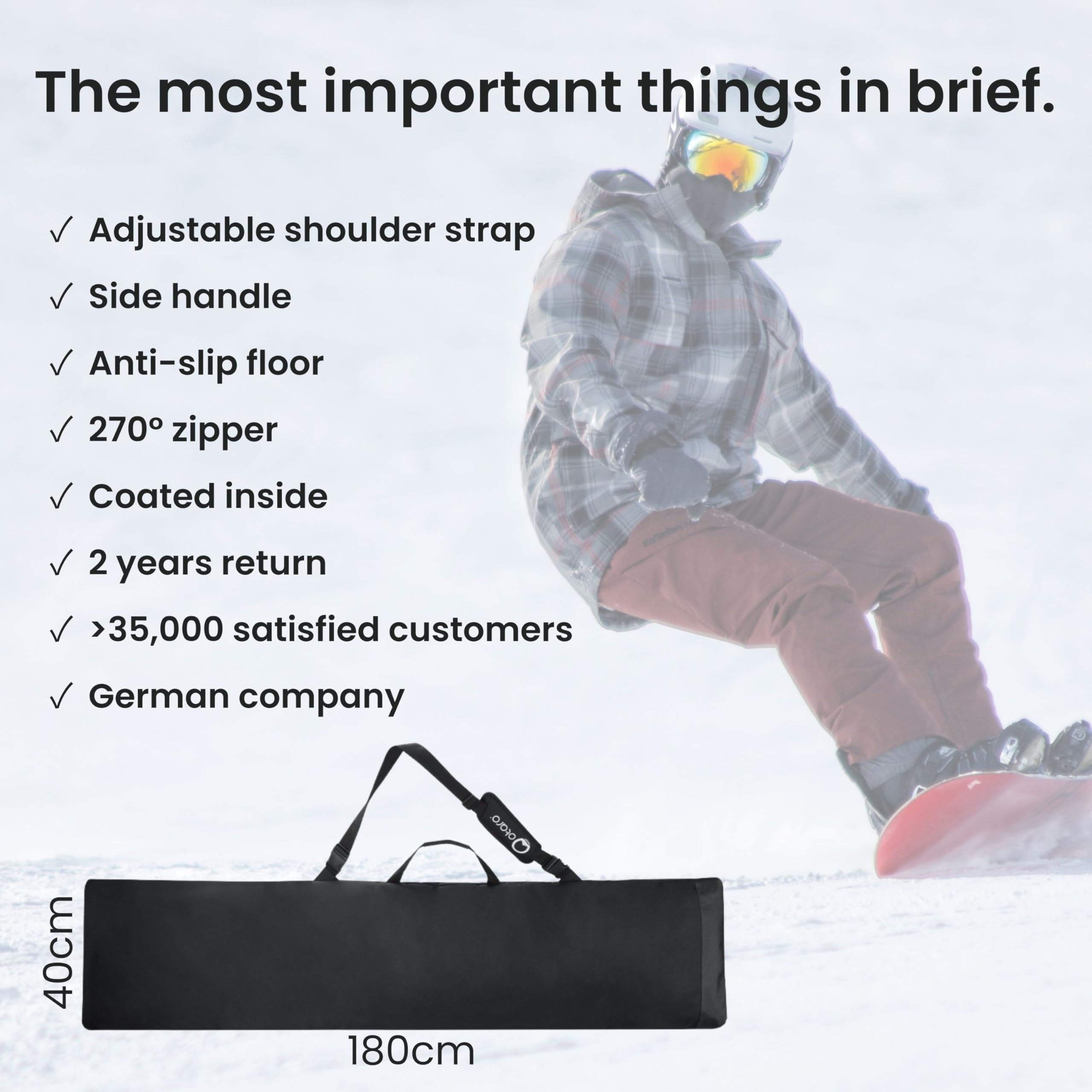 Otaro Borsa per snowboard, regolabile in lunghezza, 140 – 180 cm, per snowboard, impermeabile, imbottita, anche come borsa wakeboard, borsa per sci, per 2 paia (60.000 clienti entusiasti)