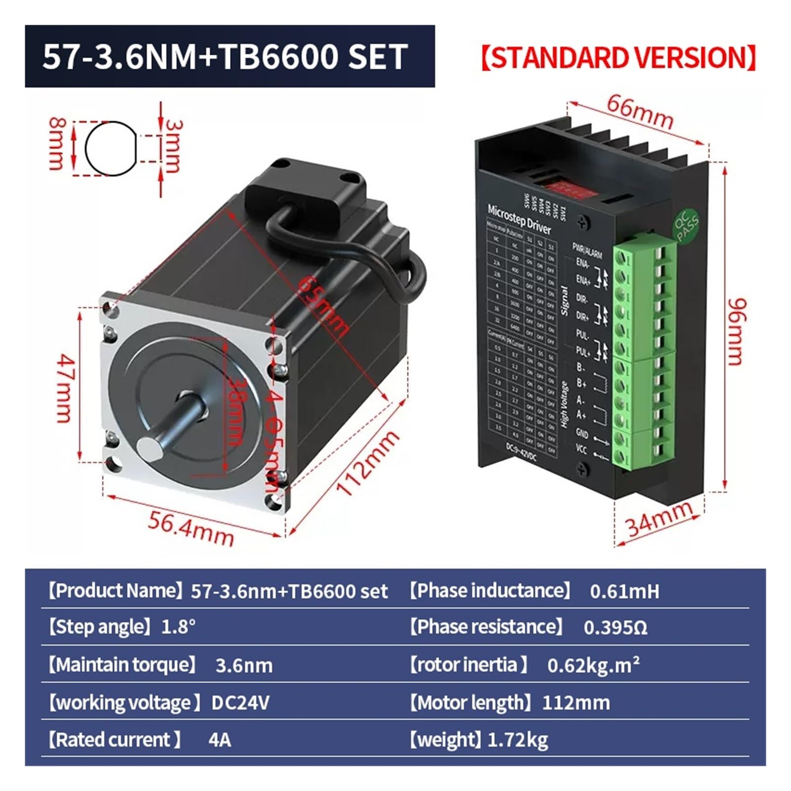 57 Stepper Motor Set 57BYGH112 Torque 3.6N.M Length 112MM+TB6600 Driver 4.0A